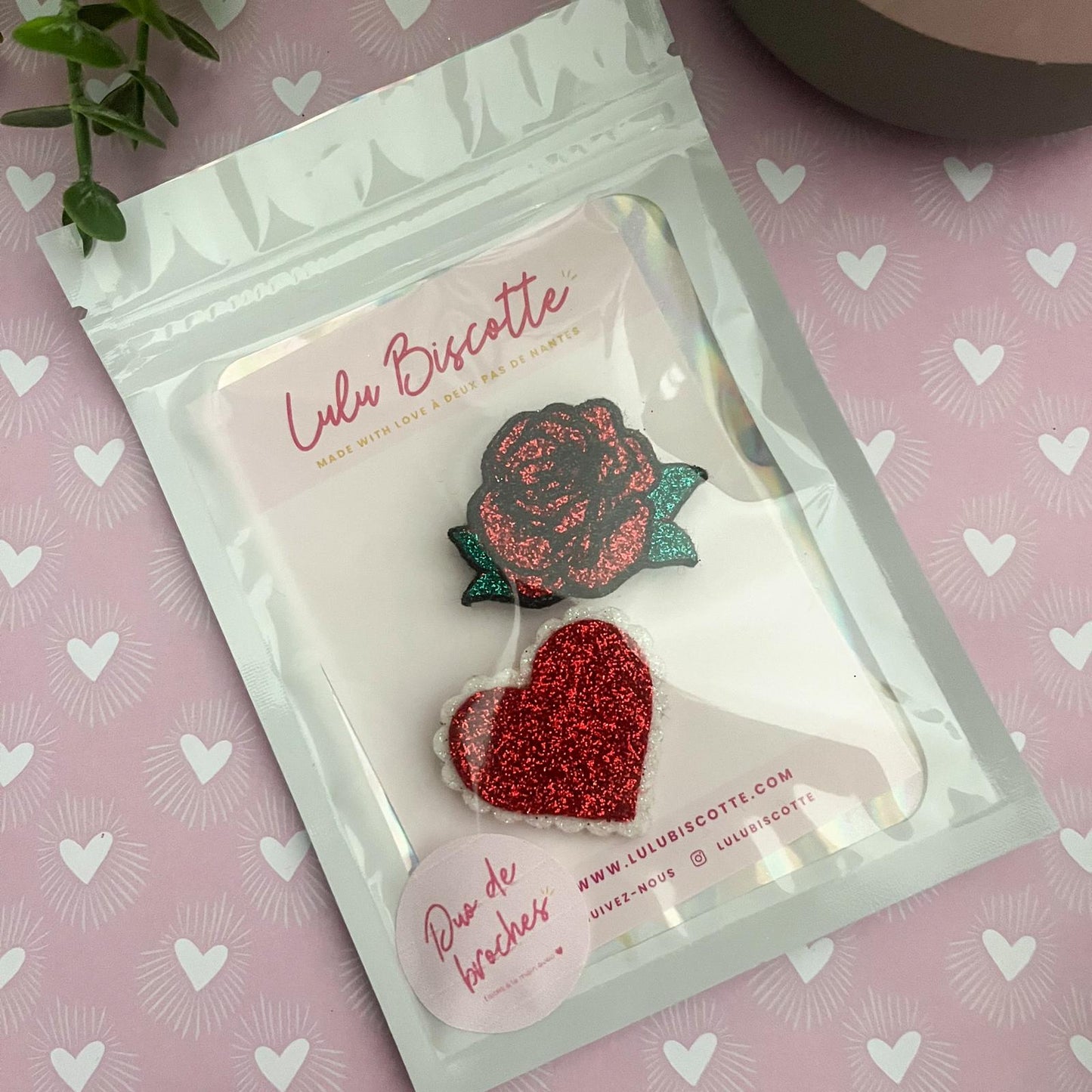 Duo de Broches Rose/Cœur festonné