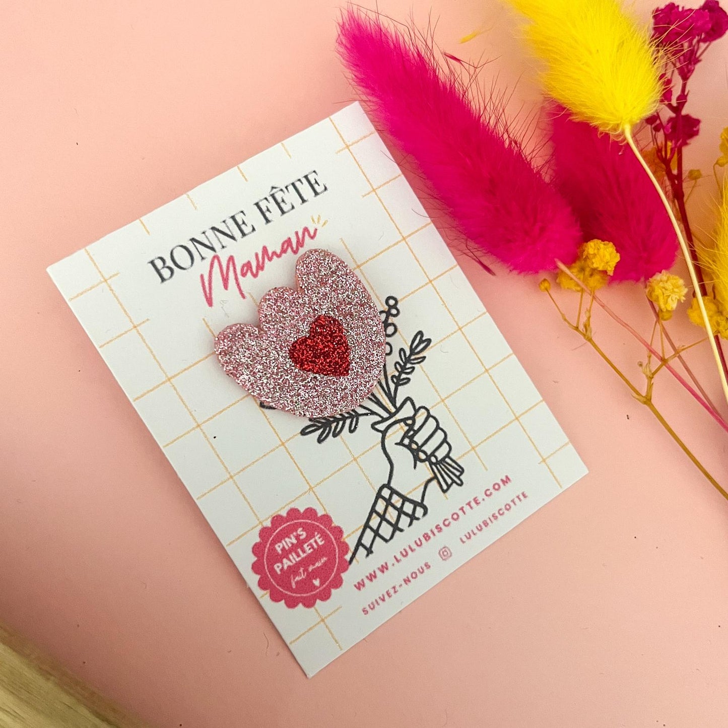 Pin's pailleté BONNE FÊTE MAMAN - Fleur rouge