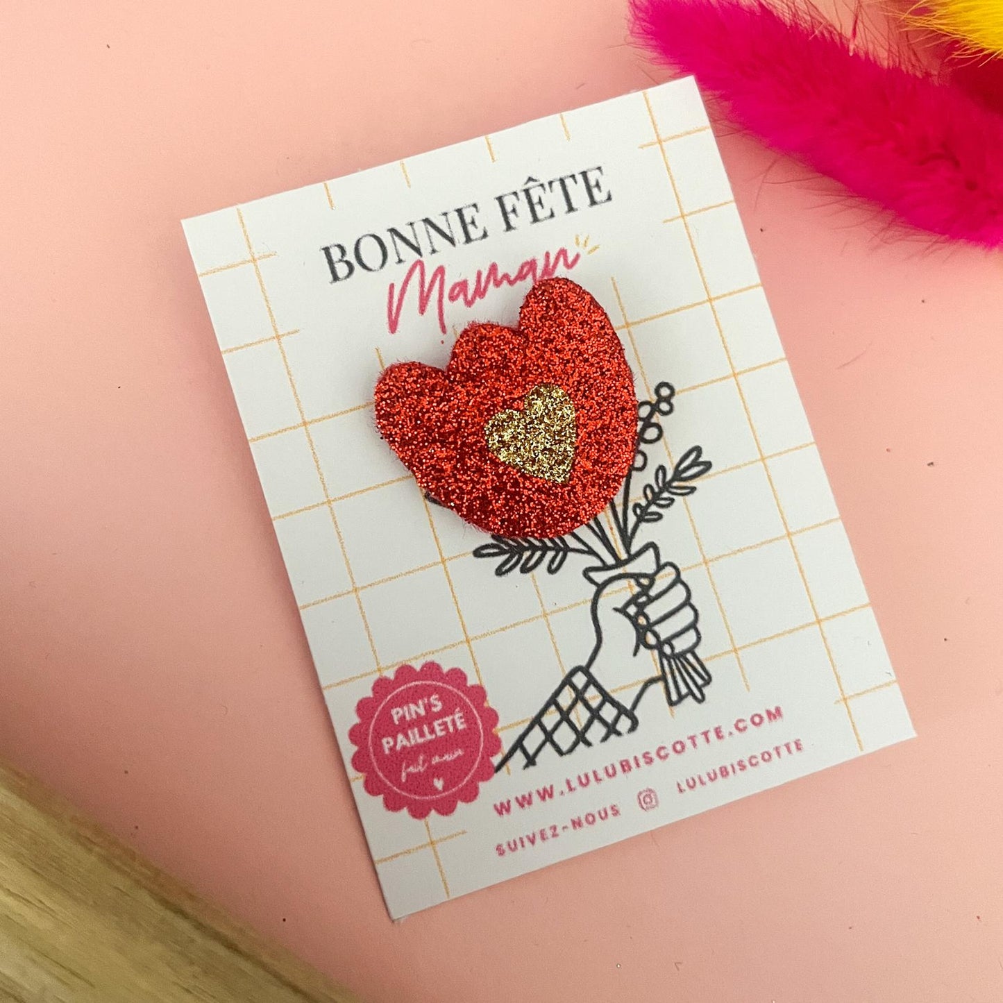Pin's pailleté BONNE FÊTE MAMAN - Fleur rose