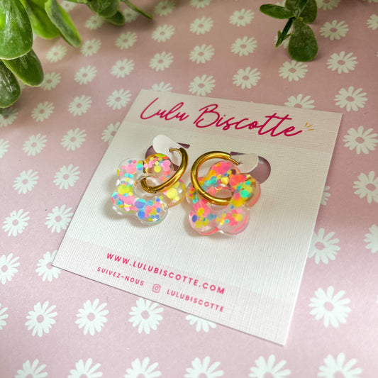 Créoles CHLOE - Confettis Rose néon/Jaune néon/Bleu néon