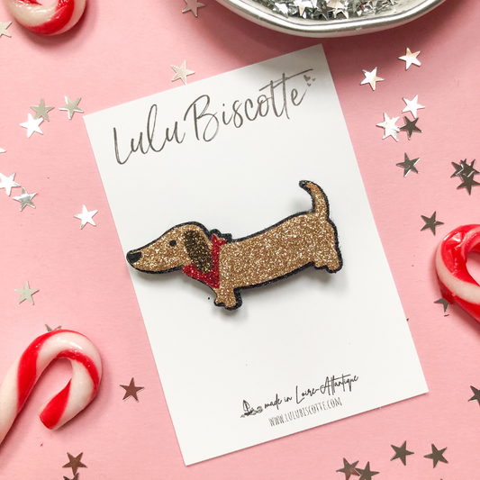 Broche pailletée Teckel "BISCOTTE"