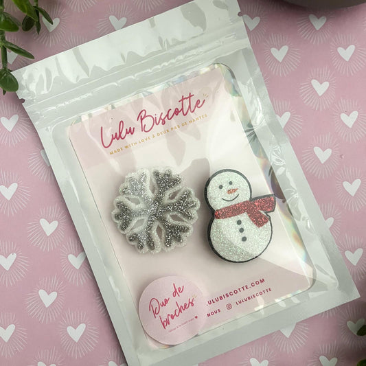 Duo de Broches Flocon/Bonhomme de neige