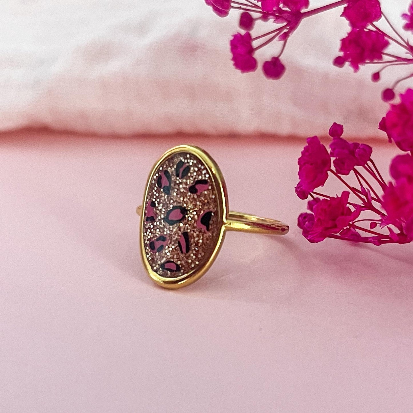Bague réglable Léopard - Bronze pailleté/Fushia/Noir