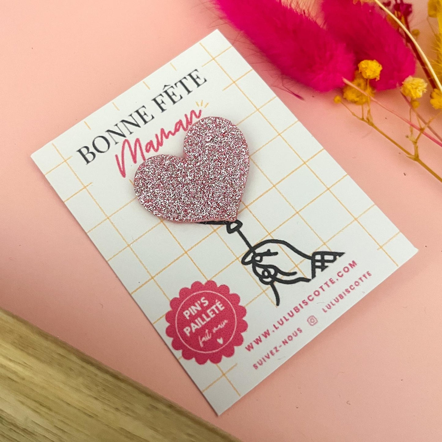 Pin's pailleté BONNE FÊTE MAMAN - Cœur rouge
