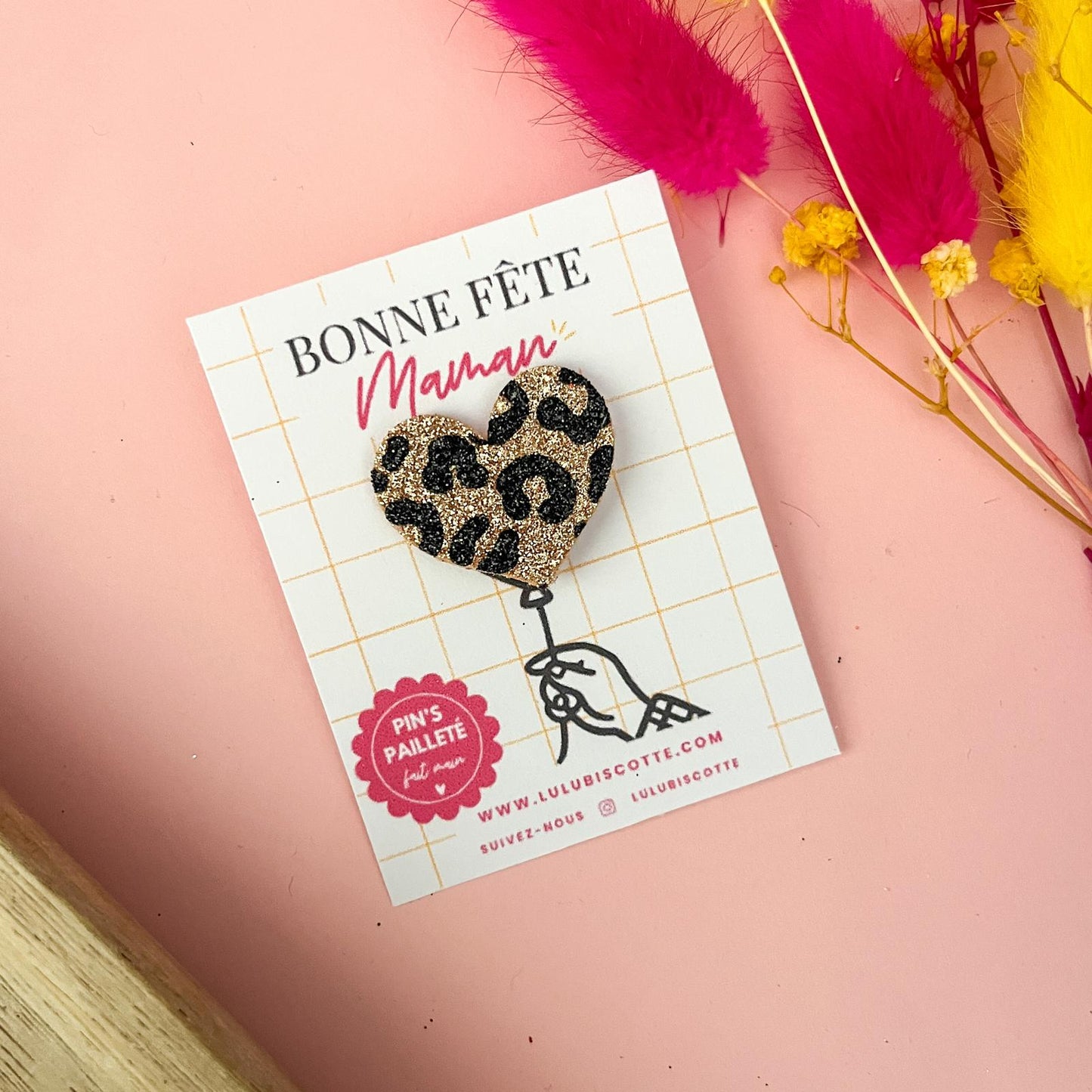 Pin's pailleté BONNE FÊTE MAMAN - Cœur Léopard