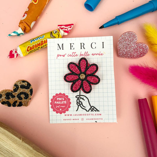 Pin's pailleté MERCI MAITRESSE - Fleur fushia