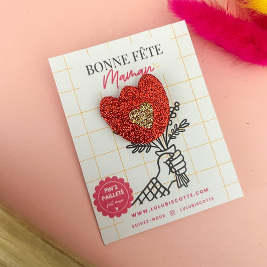 Pin's pailleté BONNE FÊTE MAMAN - Fleur rouge